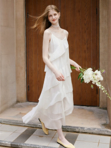 XIANGYING | Resort Style White Strap Tencel Dress