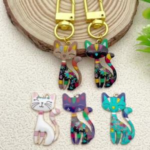 5pcs/10pcs Alloy enamel printed flower cat Pendant Jewelry Making DIY Keychain Earrings Charms for Jewelry Bracelets Necklace