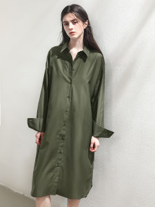Miccbeirn | Silk Cotton Shirt Dress Polo Collar Commute Slimming Casual Midi Skirt Pure Color Loose Waist Long Sleeve Single Button Spring Summer Autumn