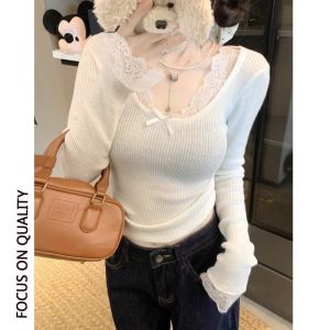 Elegant French Fashion Retro Lace Splicing Knit Top Spring