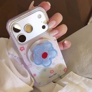 Korean Gradient Glitter Colorful Flowers Magnetic Bracket Phone Case For iPhone 17 Air 16 15 14 13 Pro Max Shockproof Hard Cover