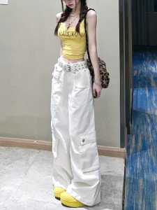 American Vibe Retro Large White Multi-Pocket Denim Womens High Street Stylish Loose Straight-leg Wide-Leg Overalls