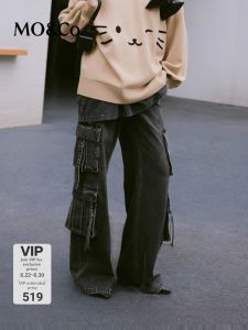 MO&Co. | Rocker Washed Denim Jeans High Waist Straight Leg Cotton Work Pants