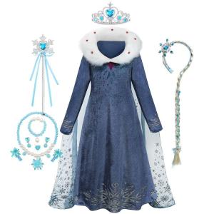 ชุดเดรสกำมะหยี่เอลซ่าสำหรับเด็กผู้หญิง พร้อมผ้าคลุมไหล่ถอดได้ ปกขนเฟอร์เทียม ชุดแฟนซีหรูหราสำหรับงานวันเกิด ฮาโลวีน หรืองานปาร์ตี้ธีมโฟรเซ่น