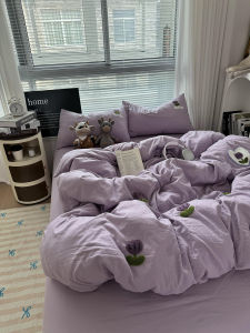 Ins Korean Washed Cotton Embroidered Purple Tulip Four-Piece Set Pure Color Duvet Cover Bed Canopy Student Bedding Three-Piece Set