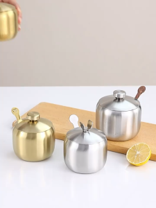 304 Stainless Steel Seasoning Jars Creative Salt Sugar Bowl Spice with Lid Kitchen Condiment bottle with Spoon