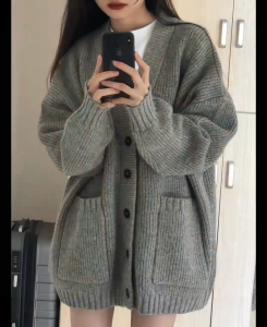 Jolly Chic Korean Style V-neck One Button Long Sleeve Knitted Cardigan Top Casual Jacket 4061