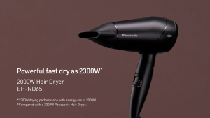 Panasonic Hair Dryer ไดร์เป่าผม (2000 วัตต์) รุ่น EH-ND65-KL กำลังไฟ 2000 วัตต์ Heat Protection ป้องกันความร้อนสูงเกินไป ปรับอุณภูมิร้อนเย็น พลังเทียบเท่ากับไดร์เป่าผมขนาด 2300 วัตต์ พับเก็บได้