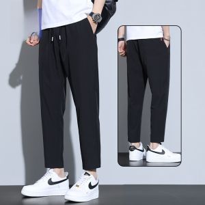 ROMON | กางเกงลำลองชายผ้าไหมน้ำแข็ง ทรงสลิมฟิต กางเกงขายาวทรงตรง กางเกงขายาวเอวยางยืด ทรงลำลอง ฤดูร้อน แฟชั่นสตรีท ผ้าไนลอน