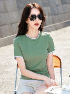 Short Sleeve Round Neck T-Shirt Women's Slim Fit Casual Style Spring Summer Fashion Cotton Blend Elastic Fiber Top
