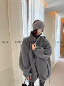 เสื้อแจ็คเก็ตฮู้ดคอตั้งแขนยาวหนาสองด้านสำหรับผู้หญิง สีเทา ทรงหลวม ซิป แจ็คเก็ตสเวตเตอร์ แฟชั่นฤดูใบไม้ร่วง 2025