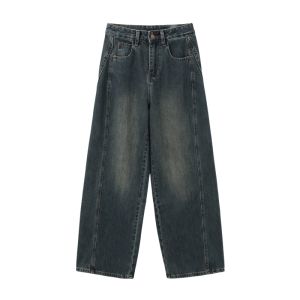 Quần Jeans Denim Ống Rộng Phong Cách Retro Thời Trang Cho Nữ Quần Dài Cạp Cao Chất Liệu Cotton Co Giãn Màu Xanh Denim