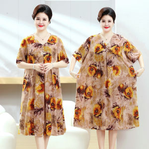 Ice Silk Short Sleeve Dress for Middle-Aged And Elderly Mothers Fashionable Summer Clothing Belly Covering Maxi Skirt