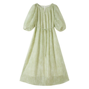 XIANGYING | French Green Puff Sleeve Dazzling Dyeing Waist-cinching Printed Dress
