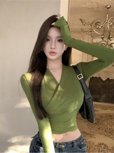 GUZILIAN | Avocado Green Cross Waist V Neck Long Sleeve Base Shirt Womens Spring New Style Atmosphere Short Inner Wear T Shirt