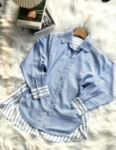 [SG SELLER] Two-tone striped shirt korian style oversize shirt long sleeve casual Tops