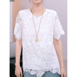 เสื้อเชิ้ตลูกไม้แขนสั้นทรงหลวมสไตล์เกาหลีสำหรับผู้หญิง ฤดูร้อน 2025 เสื้อเชิ้ตคอตั้งสีขาว ทรงเข้ารูป เสื้อเชิ้ตคอตั้ง