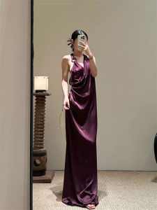 Elegant French Style Backless Dress Pure Desire Hanging Neck Intersecting Ring Decorated Gown Smooth Surface Drapey Long Skirt