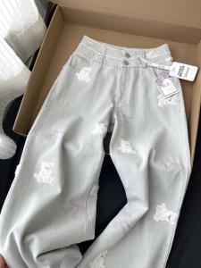 สูง เอว อเมริกัน สตรีทสไตล์ หมีปัก โบว์ ผูกขากว้างตัดตรง หลวม พอดี กางเกงยีนส์ สําหรับผู้หญิง ฤดูใบไม้ผลิ ฤดูใบไม้ร่วง