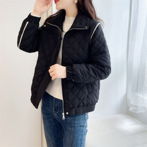 เสื้อแจ็คเก็ตผ้าฝ้ายสีดำลายเพชรสำหรับผู้หญิง ทรงสั้น ฤดูหนาว 2023 แฟชั่น ผสมผสานสี อบอุ่น ลำลอง แจ็คเก็ตผ้าฝ้าย