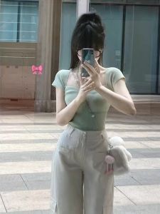 HUOLISI | Square Neck Knitted Short Sleeve T-Shirt Slimming Mint Green