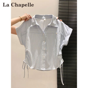 La Chapelle | Polo Collar Checkered Short Sleeve Fresh Pinch Waist T-Shirt Summer Blouse