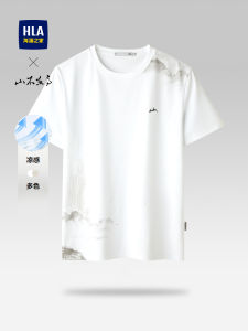 Áo Thun Nam Cổ Tròn in Họa Tiết Núi HLA Mùa Hè 2024 Áo Thun Nam Cotton Polyester Thoáng Khí Nhanh Khô Phong Cách Trung Hoa