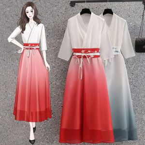 Elegant Chinese Style Reformed Hanfu Dress Summer Ear Picking Costume Womens Fashion High Waist A-Line Skirt V-Neck Dress