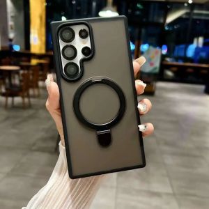 Metal Ring Stand Matte Magnetic Case for Magsafe Samsung Galaxy S26 S25 Ultra S24 Plus S26+ with Lens Protector Mac Safe Cover