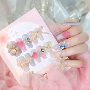 Summer Dopa Wearable Nail Art Cute Ice Transparent Diamond Embedded Flashing Medium Length False Nails Bear Design Beauty Tools