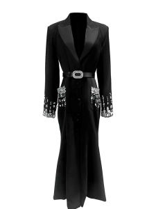 ชุดเดรสยาวสไตล์ฝรั่งเศส ทรงเอ ประดับคริสตัล กระโปรงทรงหางปลา ชุดราตรี งานปาร์ตี้ ชุดทำงาน ผ้าโปรตอนผสมโพลีเอสเตอร์ แขนยาว คอวี