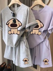 Puppy Retro Thin Short-Sleeved T-shirt Suit Female Summer Casual Loose Slimming Fashion Sports Shorts Two-piece Set