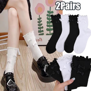 2pairs Socks for Women Ruffle Cotton Middle Tube Ankle Short Breathable Black White Bow Wooden Ear-Rimmed Stockings