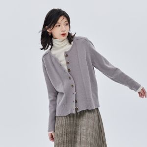 Idle Style Single-Breasted Stretch Knit Crew Neck Fancy Gray Loose Long Sleeve Sweater Cardigan Coat Top for Women