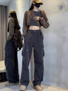 Black American Street Wide-Leg Overalls Female Early Autumn Plus Size Plus Size Ladies High Waist Cover Casual Charge Paratrooper Pants