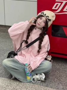 YUEZHONGWEI | Áo Khoác Ngoài Trời Chống Gió Đa Năng Màu Hồng Phong Cách Retro