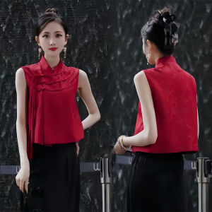 Red Chinese Style Short Tank Top Women's Sleeveless Vest Button Detailing Commute Style Polyester Fiber Pure Color Summer 2024