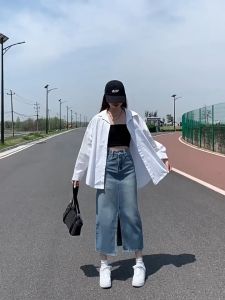 Rok Denim Pinggang Tinggi Wanita Populer Korea Rok Belahan A-line Panjang Sedang Wanita