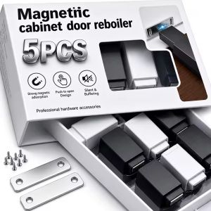 5Pcs Heavy Duty Magnetic Cabinet Door Push Opener ABS Stroke Black White with Screws and Magnetic Plate for Hidden Door