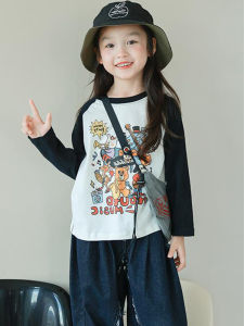 Girls Cartoon Print T-shirt Shoulder Insertion Color Block Inner Wear Base Shirt Long Sleeve round Neck Cotton Autumn New Arrival