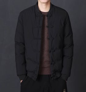 Mens Thickened Cotton Jacket Winter Warm Loose Style Baseball Collar Button Decorated Short Length Polyester Fiber Coat