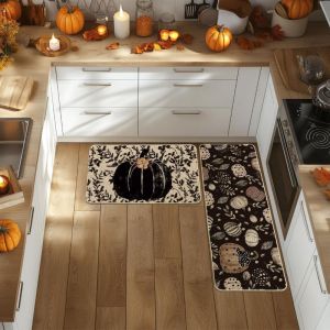 VIKAMA Halloween Kitchen Mat Set Witch Bat Funny Quote Decors Runner Mat Entryway Holiday Home Decor Aesthetic Art Premium