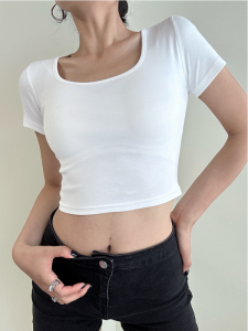 Áo Thun Tay Ngắn Ôm Vừa Vặn Màu Trắng Mùa Hè Cho Nữ Áo Lót Cổ Chữ U Cotton Thường Ngày Áo Thun Ngắn Áo Lót