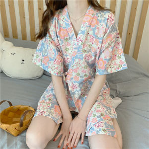 Floral Print Short Sleeve Sleepwear Womens Summer Home Clothes Two-Piece Set Sweet Style Polyester Fabric V-Neck Pullover