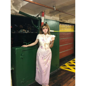 Annie Purple Lace Splicing Chiffon Qipao Dress Womens plus Size New Style Chinese Style Floral Print Short Sleeve Zipper Back