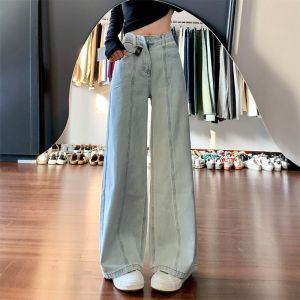Quần Jeans Ống Rộng Màu Xanh Nhạt Cạp Cao Quần Dài Dài Đến Sàn Phong Cách Thường Ngày Cho Nữ Quần Jeans Denim Dài Mùa Hè 2025