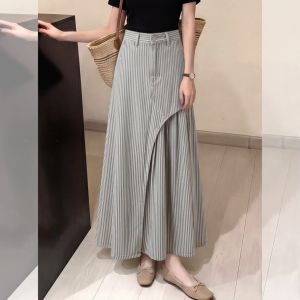 YIKEMAI | Striped Panel Maxi Skirt with Pleats Slim High Waist
