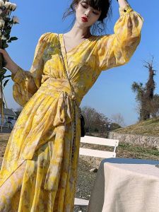 Floral V-neck Slimming Long Dress Womens Elegant New Design Chinese Style A-line Skirt Sleeve Shirt Waist Natural Hip Spring Autumn