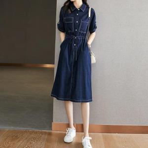 Spring Summer Denim Dress Womens Shirt Waist Cinching Korean Style High Waist A-Line Midi Dress Slimming Shirt Dress