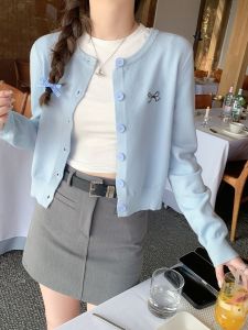 ปักสั้นถัก คาร์ดิเกน แขนกุด บาง เสื้อสเวตเตอร์ แขนยาว เสื้อท่อนบน สําหรับผู้หญิง ผ้าฝ้าย 85% แคชเมียร์ 15% ฤดูใบไม้ผลิ ฤดูใบไม้ร่วง